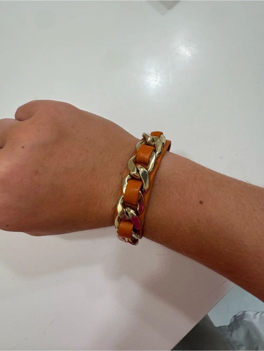 Gold Chain and Tan Leather Wrap Bracelet